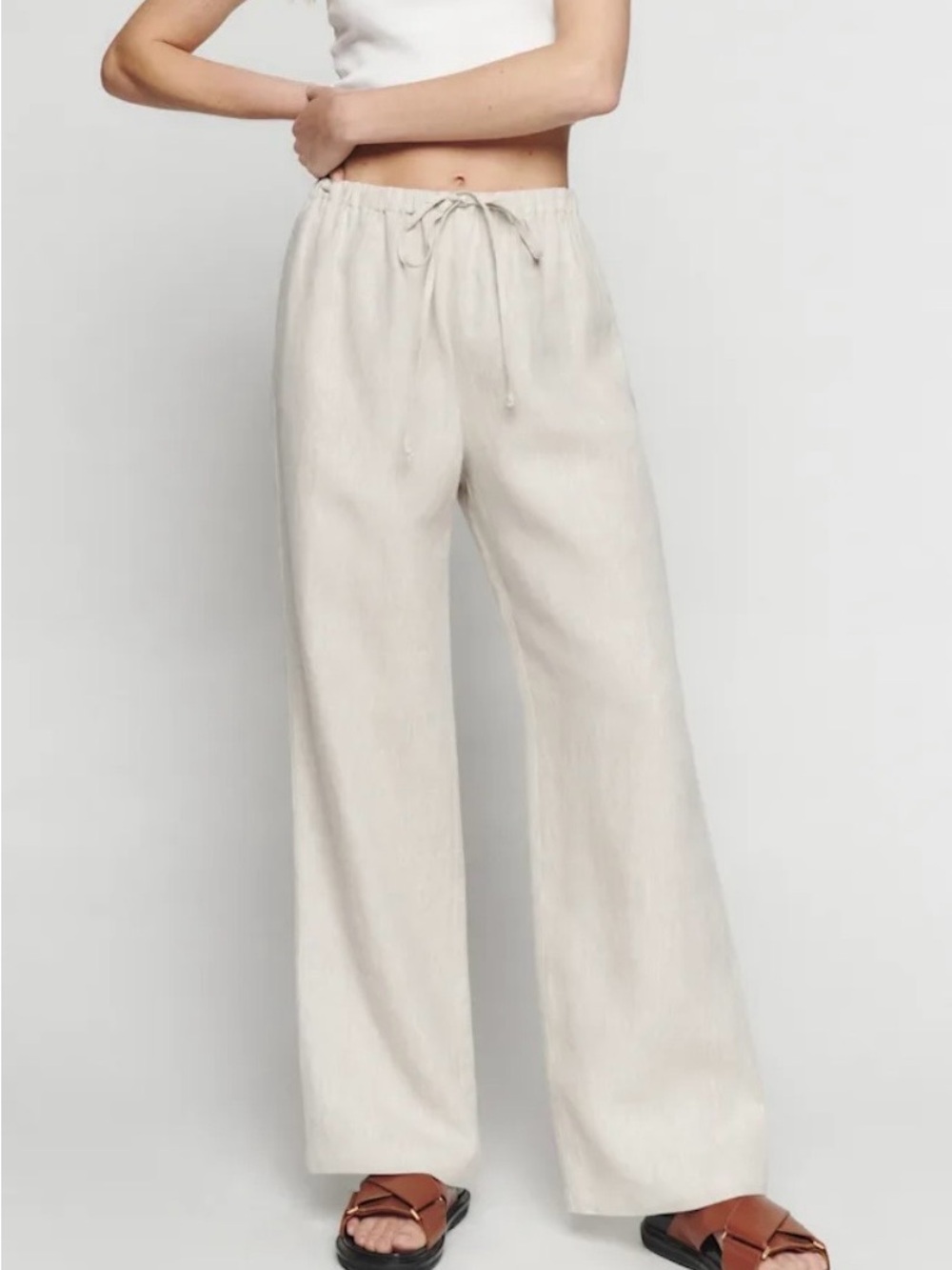 Wide-Leg Linen Blend Pants - Light Beige